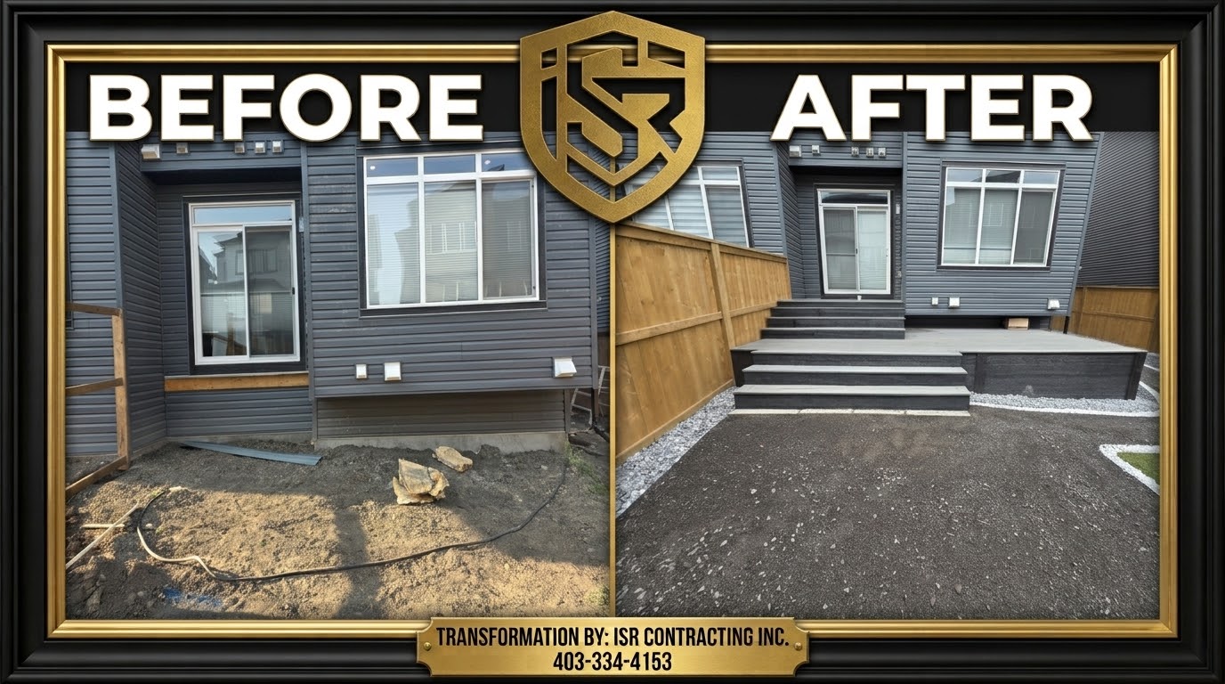 Before and after backyard transformation with pressure-treated fence and charcoal composite deck